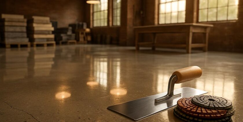 Polished concrete floor with trowel and pads