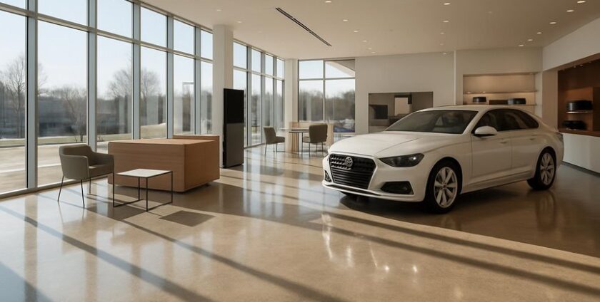 Modern car showroom with white sedan inside