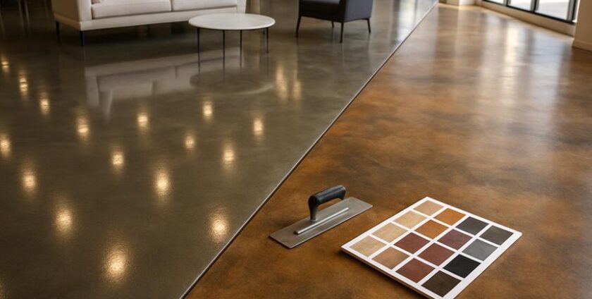 Polished concrete floor with color samples