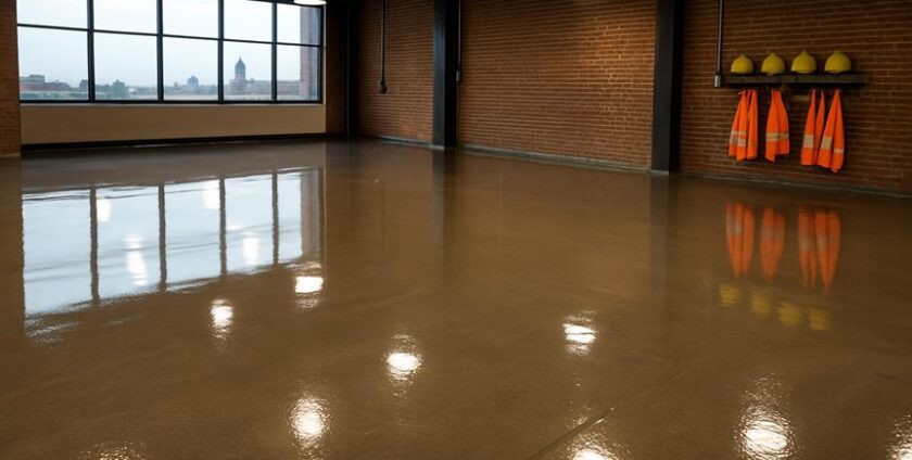 Polished concrete floor in industrial workspace