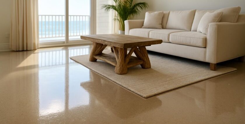 Coastal living room with sofa and wooden table