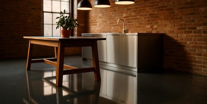 Modern kitchen with brick walls and wooden table