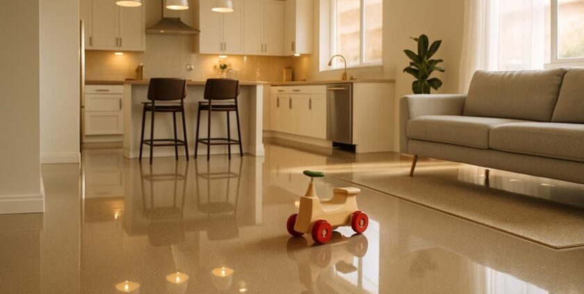 Modern kitchen and living room with toy vehicle