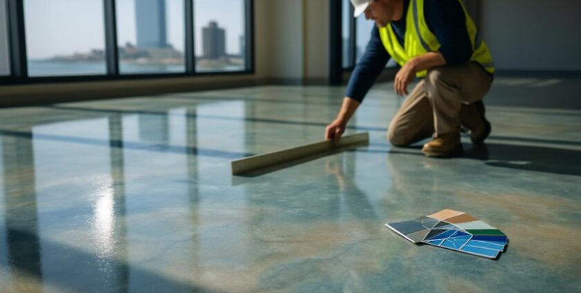Worker measuring polished concrete floor indoors