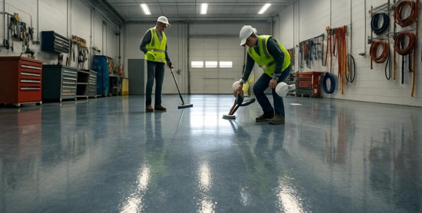 Workers cleaning polished industrial floor