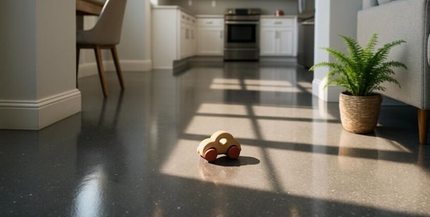 Wooden toy car on shiny kitchen floor