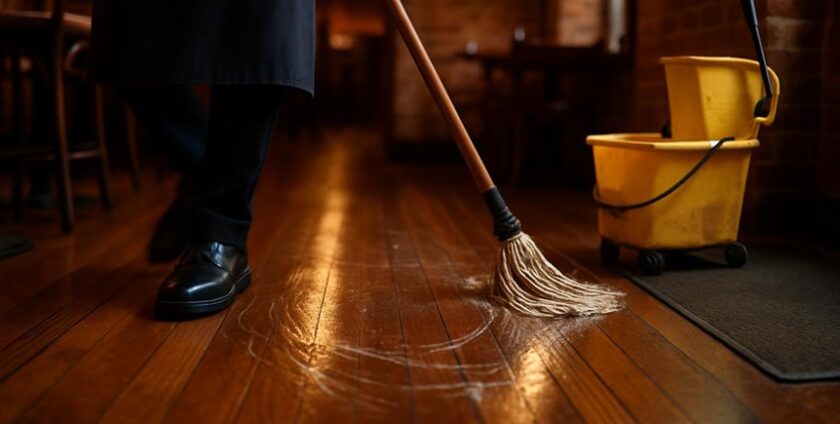Person mopping wooden floor in restaurant
