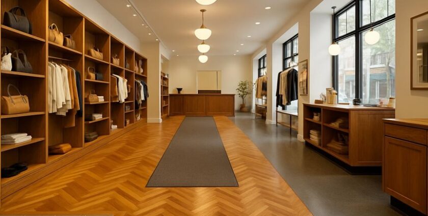 Modern clothing store with wooden shelves and lighting