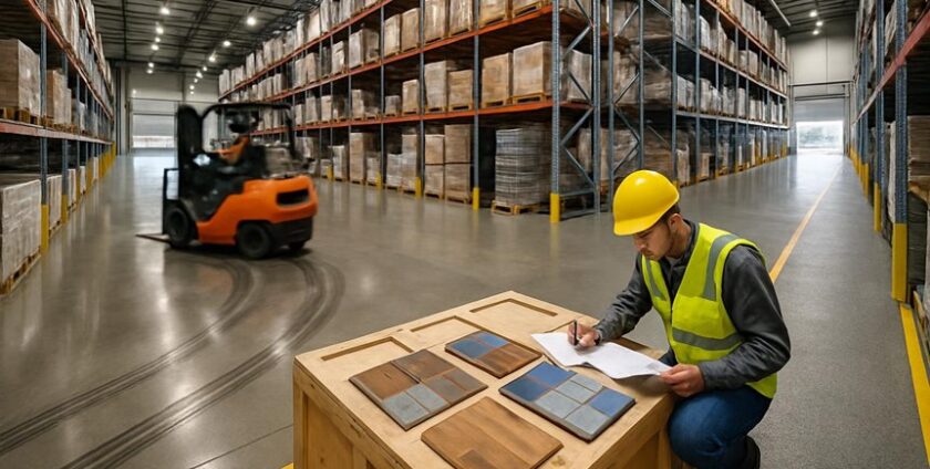 Worker inspecting materials in warehouse with forklift