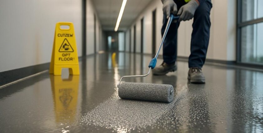 Worker applying epoxy coating on floor