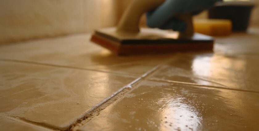Worker applying grout on ceramic tile floor
