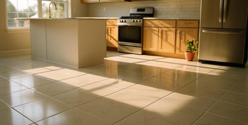 Modern kitchen with sunlight on tiled floor