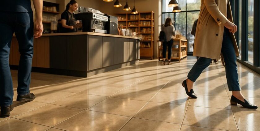 People walking inside modern coffee shop
