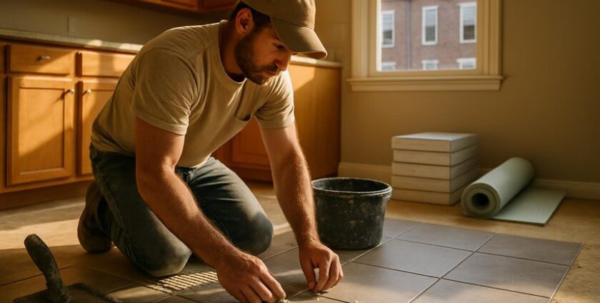Worker installing floor tiles in kitchen