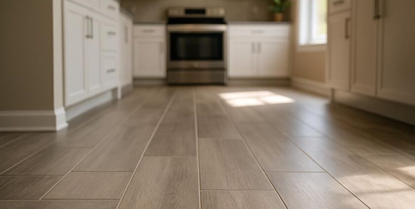 Modern kitchen with wood-look tile flooring
