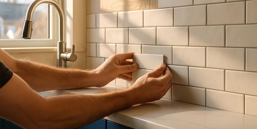 Person installing white subway tile kitchen backsplash