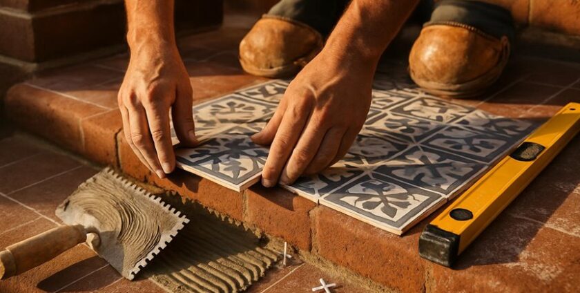 Worker installing patterned tiles on brick steps