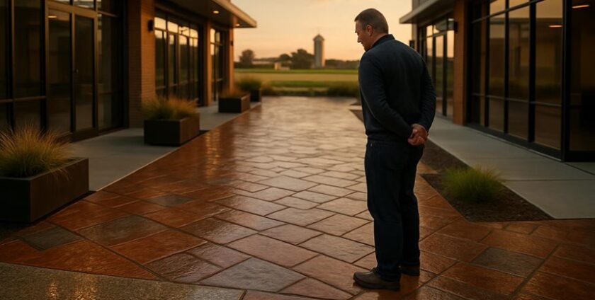 Man standing on wet walkway at sunset
