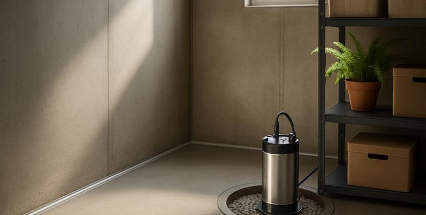 Basement with sump pump and storage shelves