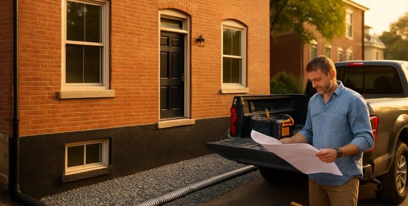 Contractor reviewing plans outside brick house