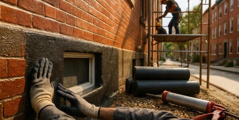 Workers applying waterproofing on brick building exterior