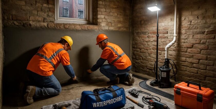 Workers waterproofing basement wall with tools and equipment