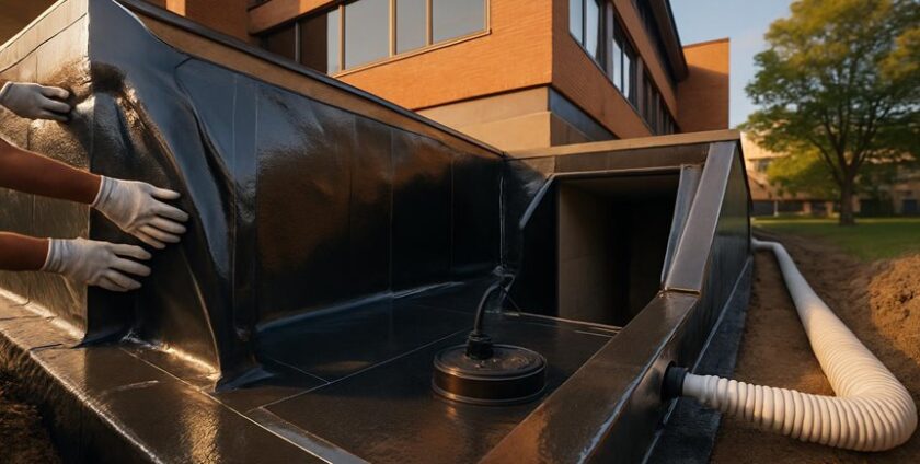 Waterproofing basement foundation near modern brick building