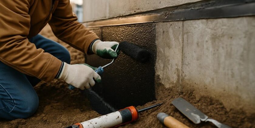 Worker applying waterproof coating to building foundation