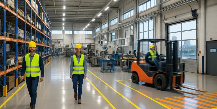 Workers with forklift in modern warehouse
