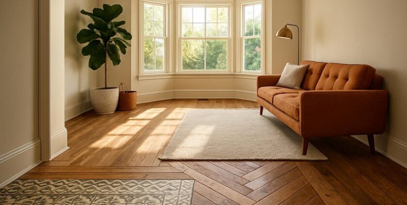 Cozy living room with orange sofa and sunlight